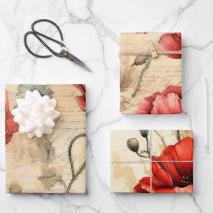 Vintage Inspired Red Poppies Wrapping Paper Sheet