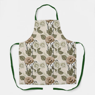 Vintage Inspired Sepia Roses With Green Leaves Apron
