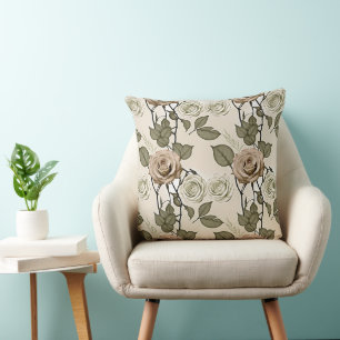 Vintage Inspired Sepia Roses With Green Leaves Cushion