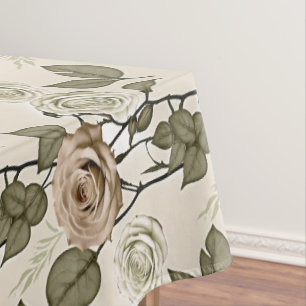 Vintage Inspired Sepia Roses With Green Leaves Tablecloth