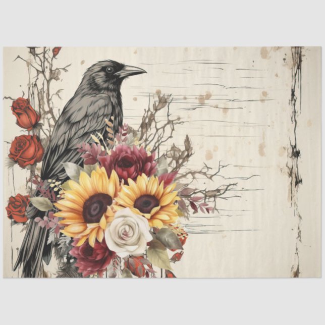 Vintage Inspired Sunflowers Red Roses Raven Tissue Paper (Front)