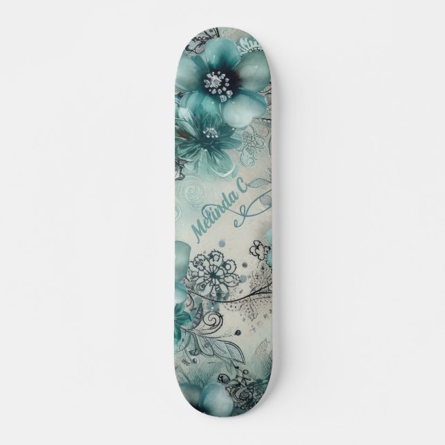 Vintage Inspired Teal Floral Skateboard (Front)