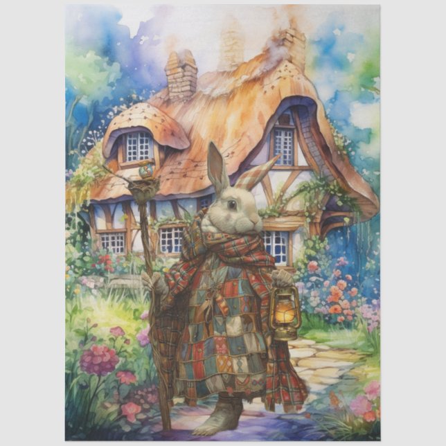 Vintage Inspired Whimsical Rabbits & Cottage  Tissue Paper (Front)