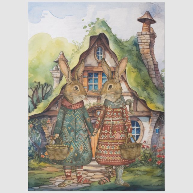 Vintage Inspired Whimsical Rabbits & Cottage  Tissue Paper (Front)