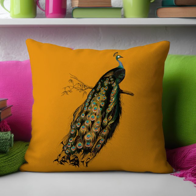 Vintage Intricate Peacock Mustard Yellow Cushion (Creator Uploaded)