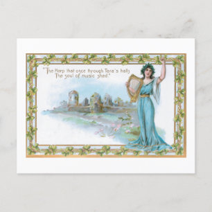Vintage Irish Lady with Harp & Shamrock Border Holiday Postcard