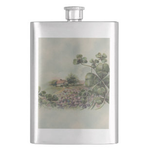 Vintage Irish Shamrocks and Cottage Hip Flask