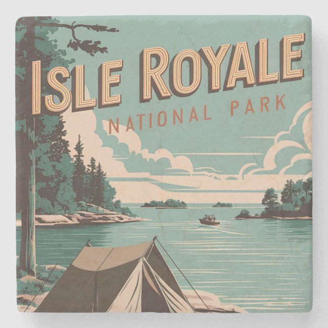 Vintage Isle Royale National Park Camping Stone Coaster (Front)