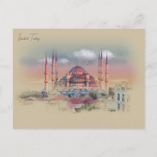 Vintage  istanbul Tower Turkey Travel watercolor  Postcard