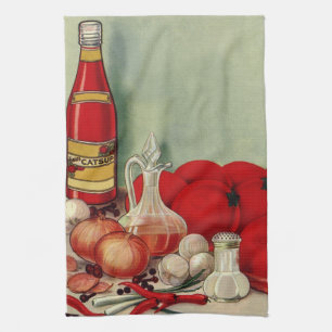 Vintage Italian Food Tomato Onions Peppers Catsup Tea Towel