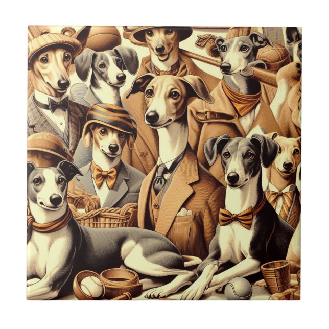 Vintage Italian Greyhound Illustration Tile (Front)