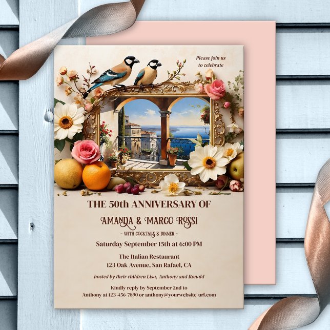 Vintage Italian Romantic Anniversary Party Invitation (Vintage romantic Italian wedding anniversary invitation featuring a still life with love birds)