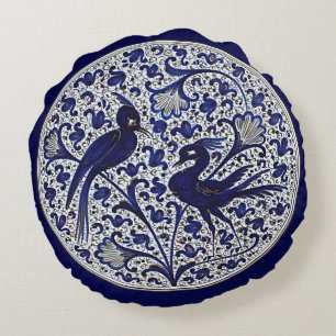 Vintage Italian-Style Blue White Gold Love Birds Round Cushion