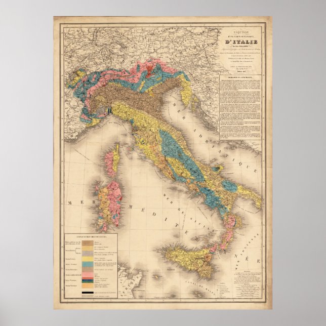 Vintage Italy Geology Map (1844) Poster (Front)