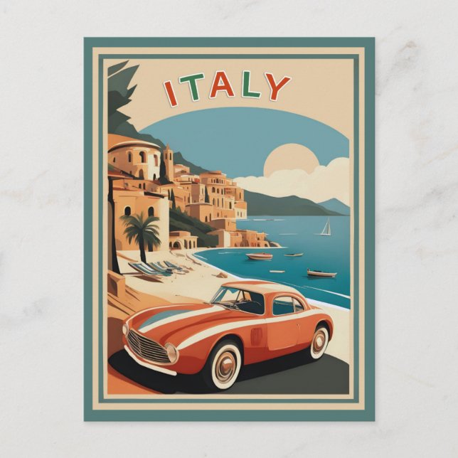 Vintage Italy Italian Coast Beach Car  Postcard (Front)