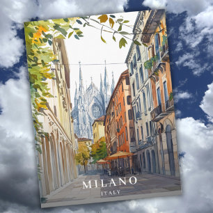 Vintage Italy Milano Milan Travel Watercolor  Holiday Postcard