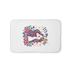 Vintage Its My 8th Birthday Unicorn Rainbow Floral Bath Mat
