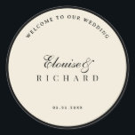 Vintage Ivory and Black Old Money Wedding Welcome Classic Round Sticker<br><div class="desc">Create a refined first impression with this ivory and black old money wedding welcome sticker, inspired by timeless vintage elegance and classic monochrome styling. The sophisticated ivory and black palette makes it perfect for luxury weddings, rehearsal dinners, engagement celebrations, welcome gift bags, and elegant wedding receptions. Ideal for sealing welcome...</div>