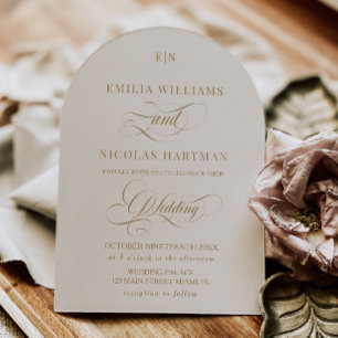 Vintage Ivory and Gold Monogram Wedding Invitation