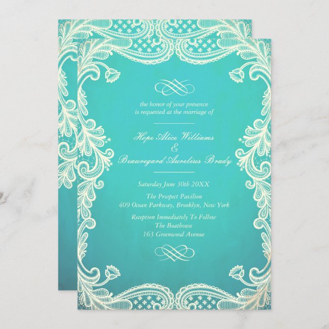 Vintage Ivory and Mint Lace Wedding Invitations (Front/Back)
