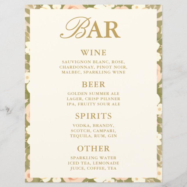 Vintage Ivory Bar Menu Drinks Wedding Tabletop (Front)