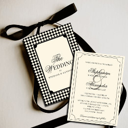 Vintage Ivory Black Chequered Old Money Wedding Invitation
