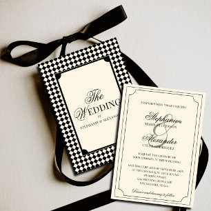 Vintage Ivory Black Chequered Old Money Wedding Invitation