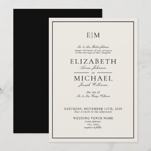 Vintage Ivory Black Classic Monogram Wedding Invitation