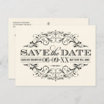 Vintage Ivory Black Flourish Wedding Save the Date Announcement Postcard<br><div class="desc">Decorative swirls and flourishes frame this elegant vintage inspired wedding save the date postcard design.  Two sided design includes all of the important details for the bride and groom's upcoming nuptials.  Ivory / ecru with black colour scheme.</div>