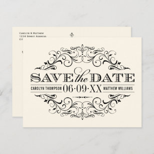 Vintage Ivory Black Flourish Wedding Save the Date Announcement Postcard