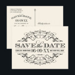 Vintage Ivory Black Flourish Wedding Save the Date Announcement Postcard<br><div class="desc">Decorative swirls and flourishes frame this elegant vintage inspired wedding save the date postcard design.  Two sided design includes all of the important details for the bride and groom's upcoming nuptials.  Ivory / ecru with black colour scheme.</div>