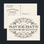 Vintage Ivory Black Flourish Wedding Save the Date Announcement Postcard<br><div class="desc">Decorative swirls and flourishes frame this elegant vintage inspired wedding save the date postcard design.  Two sided design includes all of the important details for the bride and groom's upcoming nuptials.  Ivory / ecru with black colour scheme.</div>