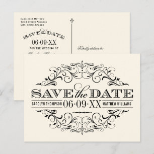 Vintage Ivory Black Flourish Wedding Save the Date Announcement Postcard