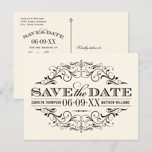 Vintage Ivory Black Flourish Wedding Save the Date Announcement Postcard (Front/Back)