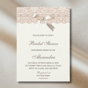 Vintage Ivory Bow Pearl Lace Bridal Shower Invitation