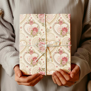 Vintage Ivory Burgundy Frilled Hearts Rustic Roses Wrapping Paper