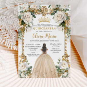 Vintage Ivory Champagne Floral Dress Quinceanera Invitation