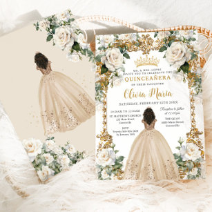 Vintage Ivory Champagne Floral Dress Quinceanera Invitation