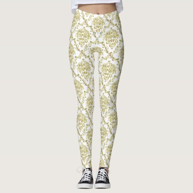 Vintage Ivory Damask Lace Print Leggings (Front)