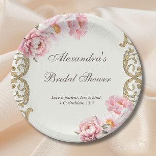 Vintage Ivory Floral Peony Christian Bridal Shower Paper Plate
