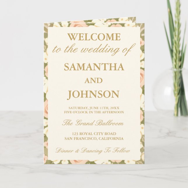 Vintage Ivory Floral Wedding Program Card (Front)