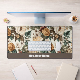 Vintage Ivory Flowers, Multicolored Roses Pattern Desk Mat