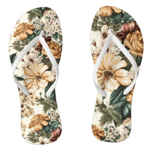 Vintage Ivory Flowers, Multicolored Roses Pattern Jandals