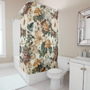 Vintage Ivory Flowers, Multicolored Roses Pattern Shower Curtain
