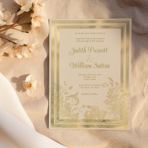 Vintage ivory gold floral elegant wedding  invitation