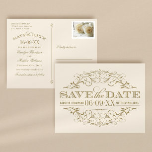 Vintage Ivory Gold Flourish Save the Date Announcement Postcard