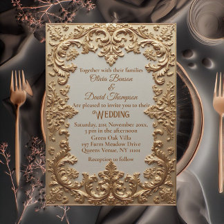 Vintage Ivory Gold Ornate Baroque Scroll Opulence Invitation