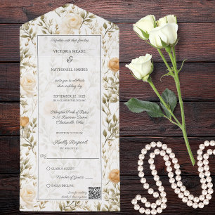 Vintage Ivory & Gold Roses QR Code All In One Invitation