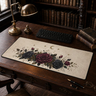 Vintage Ivory Gothic Burgundy Roses Celestial Moon Desk Mat