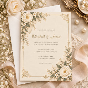 Vintage Ivory Heirloom Lace Floral Romance Wedding Invitation
